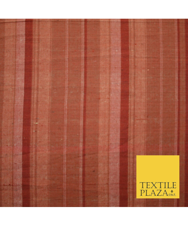 Brick Red - Terracotta Check Stripe Woven 100% PURE Dupion Raw Silk Fabric 2486