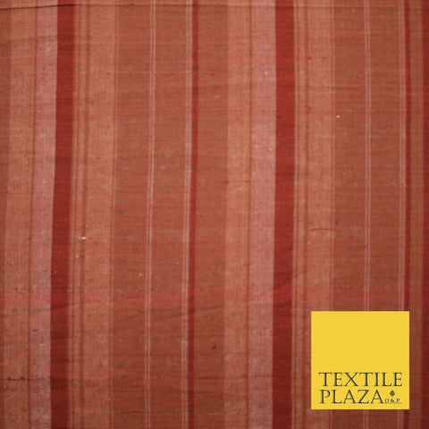 Brick Red - Terracotta Check Stripe Woven 100% PURE Dupion Raw Silk Fabric 2486