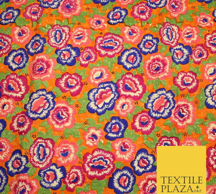 Orange Purple Flower Printed 100% PURE Dupion Raw Silk Fabric Slub Handloom 2482