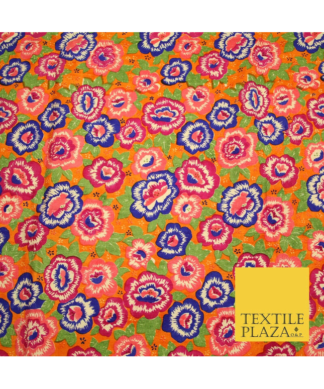 Orange Purple Flower Printed 100% PURE Dupion Raw Silk Fabric Slub Handloom 2482