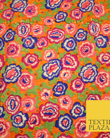 Orange Purple Flower Printed 100% PURE Dupion Raw Silk Fabric Slub Handloom 2482