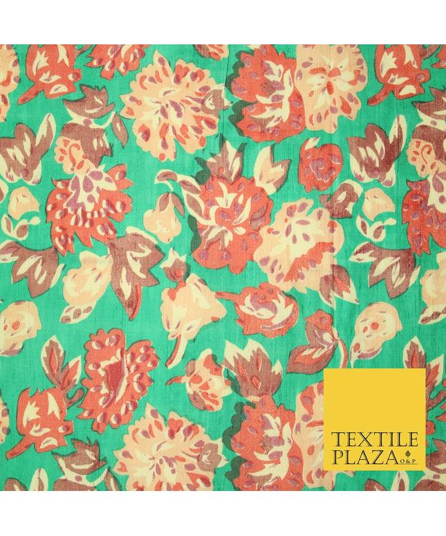 Sea Green Peach Flower Printed 100% PURE Dupion Raw Silk Handloom Fabric 2484
