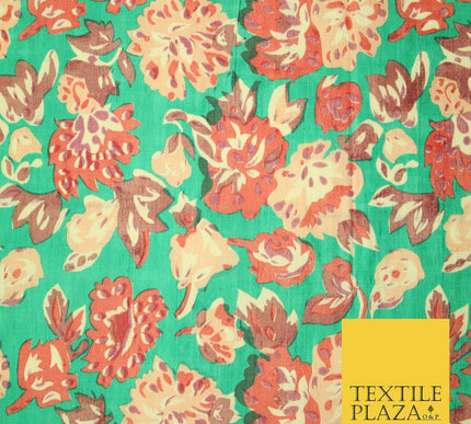 Sea Green Peach Flower Printed 100% PURE Dupion Raw Silk Handloom Fabric 2484