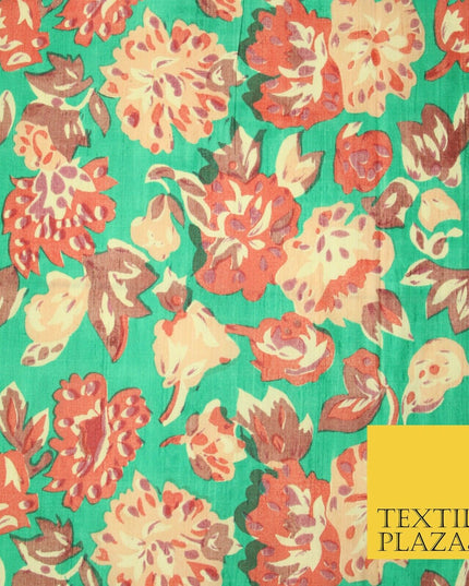 Sea Green Peach Flower Printed 100% PURE Dupion Raw Silk Handloom Fabric 2484