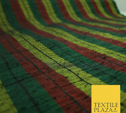 Black Olive Green Maroon Check Stripe Woven 100% PURE Dupion Raw Silk Fabric2485