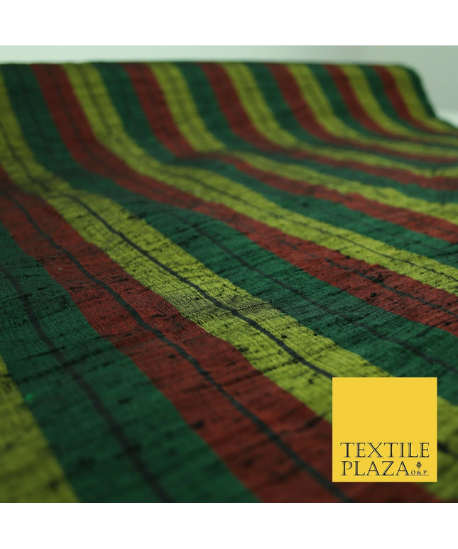 Black Olive Green Maroon Check Stripe Woven 100% PURE Dupion Raw Silk Fabric2485