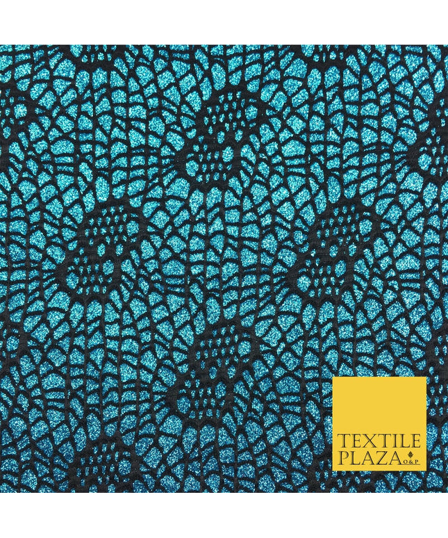 TURQUOISE BLUE Cobweb Sparkly Glitter Bonded Polyester Lace Fabric 58" Halloween