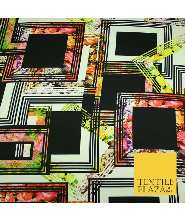 Black Check Floral Abstract Multicolour Printed Heavyweight Georgette Fabric 58"