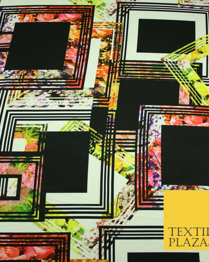 Black Check Floral Abstract Multicolour Printed Heavyweight Georgette Fabric 58"