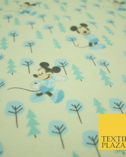 Cream Disney Mickey Mouse Festive Christmas Trees Winceyette Soft Brushed Cotton Print Fabric 2144