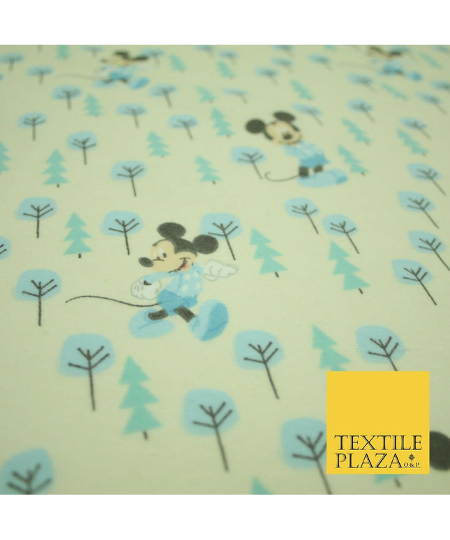 Cream Disney Mickey Mouse Festive Christmas Trees Winceyette Soft Brushed Cotton Print Fabric 2144