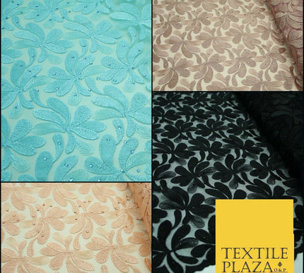 Threadwork Diamonte Embroidery Net Lace Bridal Bridesmaid Wedding Dress Fabric