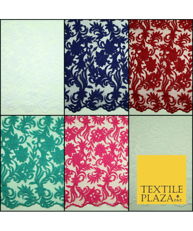 Floral Vine Soft Embroidery Scalloped Mesh Net Dress Fabric All Over Wedding