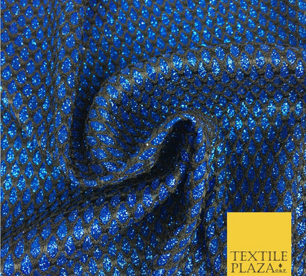 ROYAL BLUE Glitter Foil Satin Bonded Black Lace Party Dancewear Fabric 1231