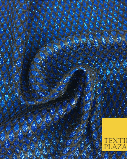 ROYAL BLUE Glitter Foil Satin Bonded Black Lace Party Dancewear Fabric 1231
