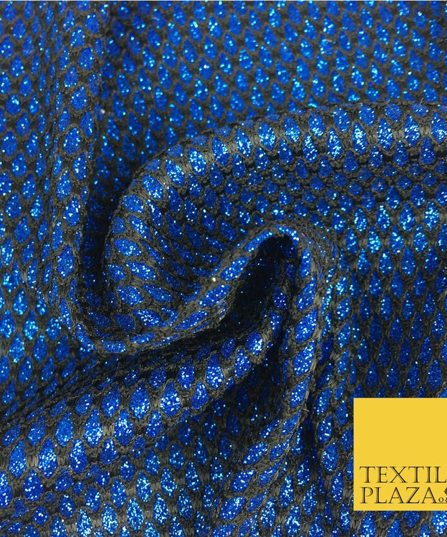 ROYAL BLUE Glitter Foil Satin Bonded Black Lace Party Dancewear Fabric 1231