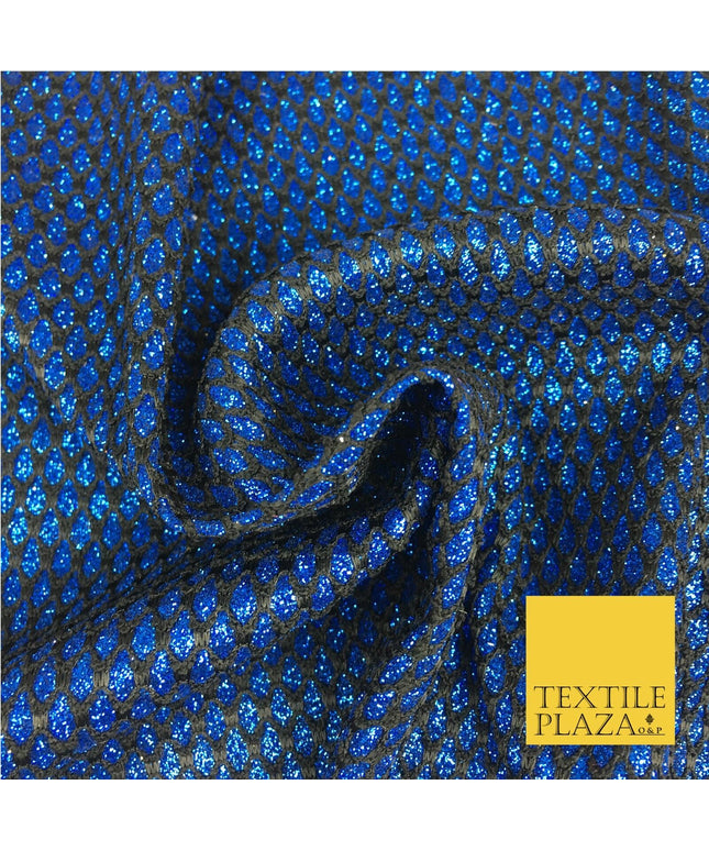 ROYAL BLUE Glitter Foil Satin Bonded Black Lace Party Dancewear Fabric 1231