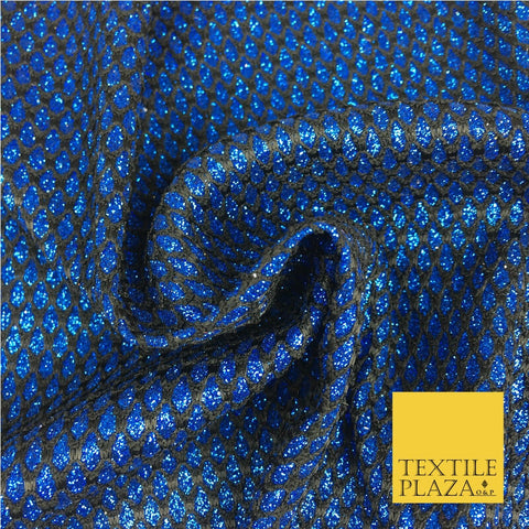 ROYAL BLUE Glitter Foil Satin Bonded Black Lace Party Dancewear Fabric 1231