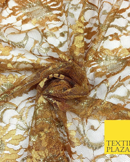 DARK GOLD MUSTARD Floral Metallic Shimmer Lurex Lace Fabric Dress - 58" - GF848