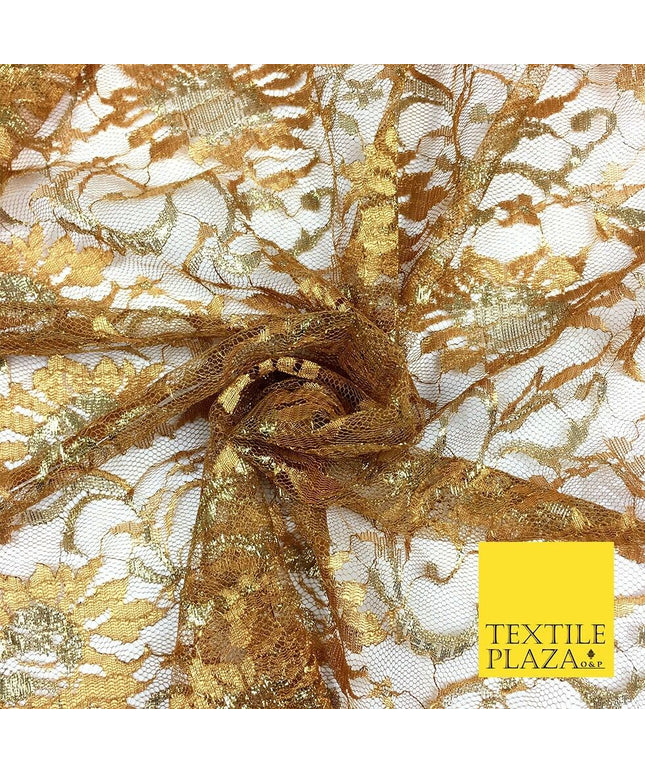 DARK GOLD MUSTARD Floral Metallic Shimmer Lurex Lace Fabric Dress - 58" - GF848