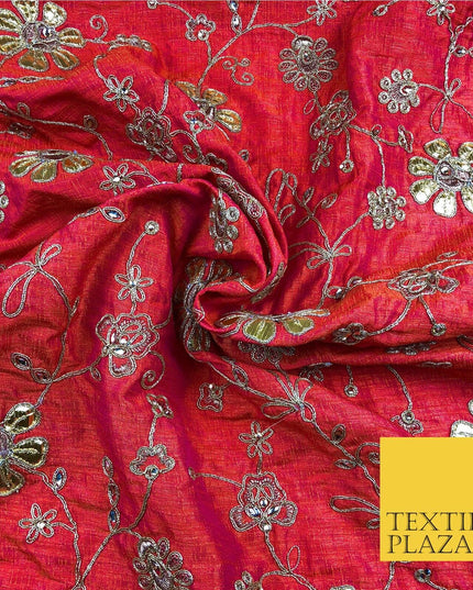 Coral Pink Luxury Two Tone Faux Silk Gold Dori Embroidery Fabric 4 Colours JA291