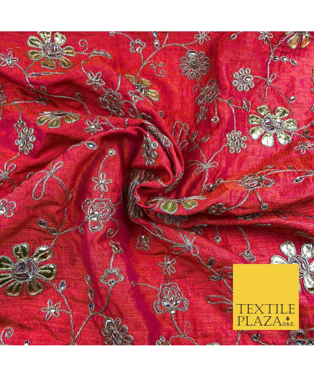 Coral Pink Luxury Two Tone Faux Silk Gold Dori Embroidery Fabric 4 Colours JA291