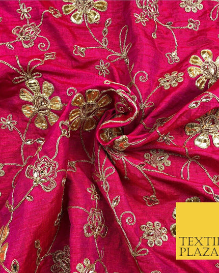 Cerise Pink Luxury Two Tone Faux Silk Gold Dori Embroidery Fabric 4Colours JA293