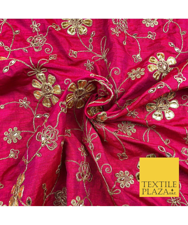 Cerise Pink Luxury Two Tone Faux Silk Gold Dori Embroidery Fabric 4Colours JA293