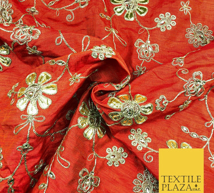Orange Luxury Two Tone Faux Silk Gold Dori Embroidery Fabric 4 Colours JA292