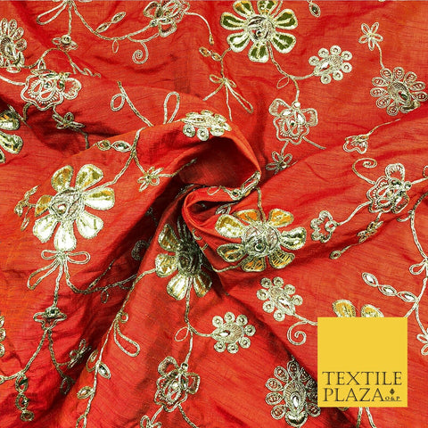 Orange Luxury Two Tone Faux Silk Gold Dori Embroidery Fabric 4 Colours JA292