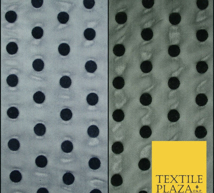 Black / Navy Blue 1cm Flocked Spot Polka Dot Power Mesh Net Stretch Dress Fabric