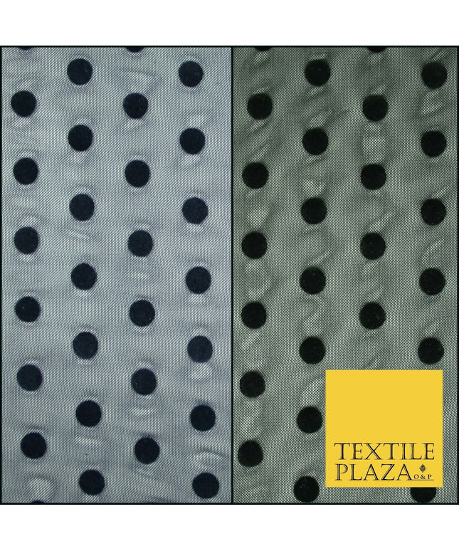Black / Navy Blue 1cm Flocked Spot Polka Dot Power Mesh Net Stretch Dress Fabric