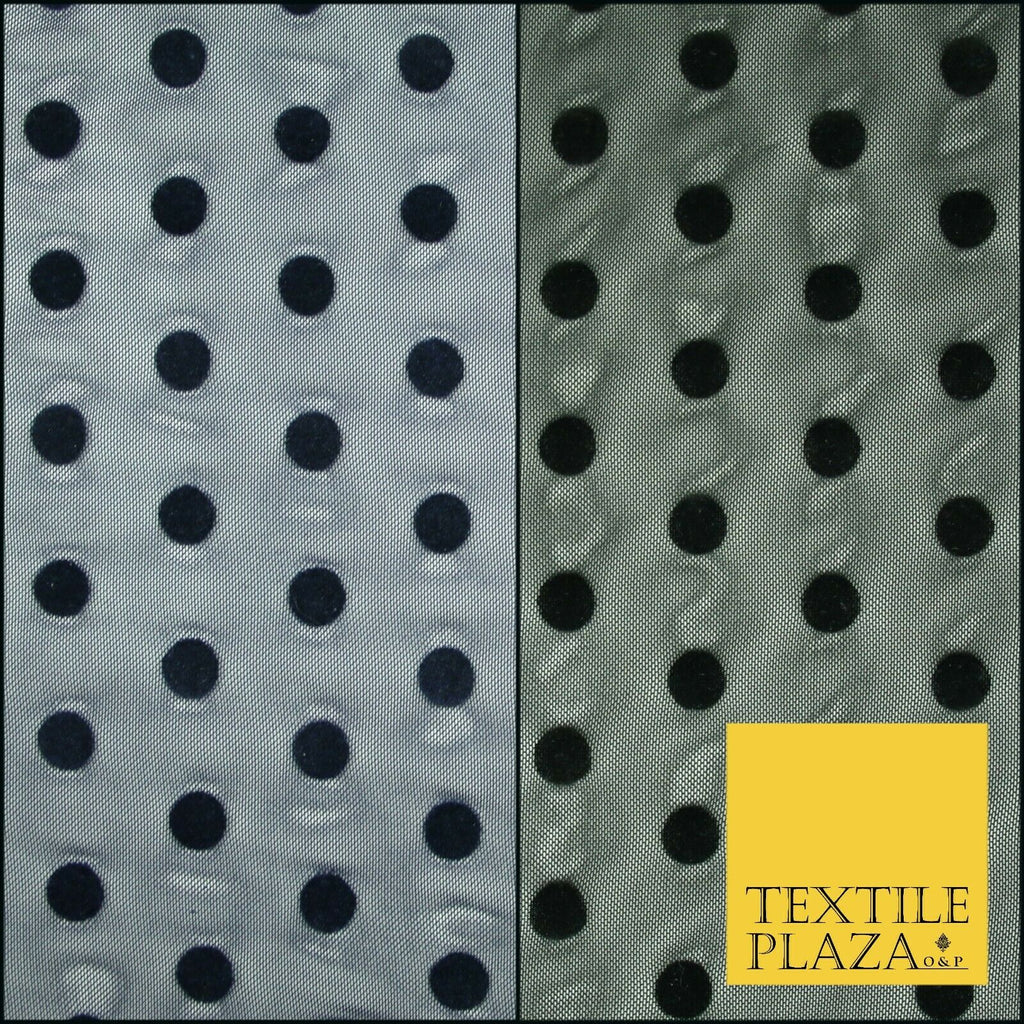 Black / Navy Blue 1cm Flocked Spot Polka Dot Power Mesh Net Stretch Dress Fabric