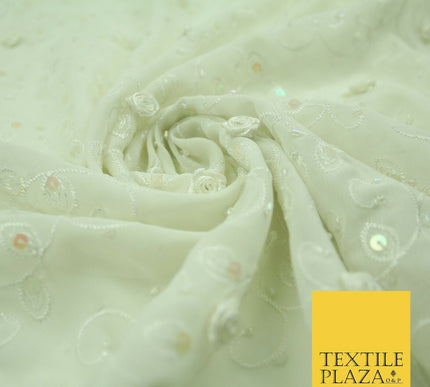 Luxury Cream Sequin Pearl 3D Roses Beaded Swirls Georgette Dress Fabric 2762