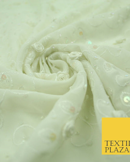 Luxury Cream Sequin Pearl 3D Roses Beaded Swirls Georgette Dress Fabric 2762