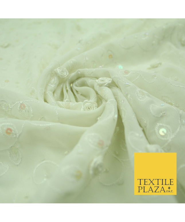 Luxury Cream Sequin Pearl 3D Roses Beaded Swirls Georgette Dress Fabric 2762