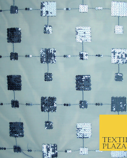 Luxury Blue Shiny Sequin Square Blocks Mesh Net Dress Fabric Fashion Craft 2758