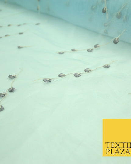 Light Blue Embroidered Floral Falling Stems Crystal Organza Dress Fabric 2759