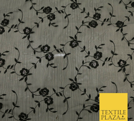 Black Rose Stem Threadwork Chiffon Georgette Dress Fabric Fancy 1600