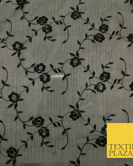 Black Rose Stem Threadwork Chiffon Georgette Dress Fabric Fancy 1600