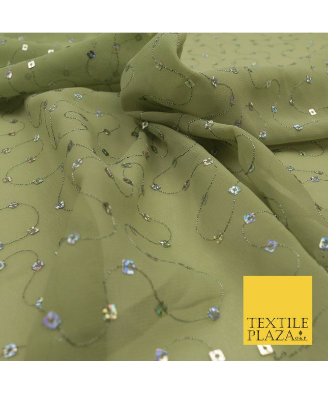 Green Hologram Square Sequin Georgette Dress Fabric Fancy Sparkly Dance 1598