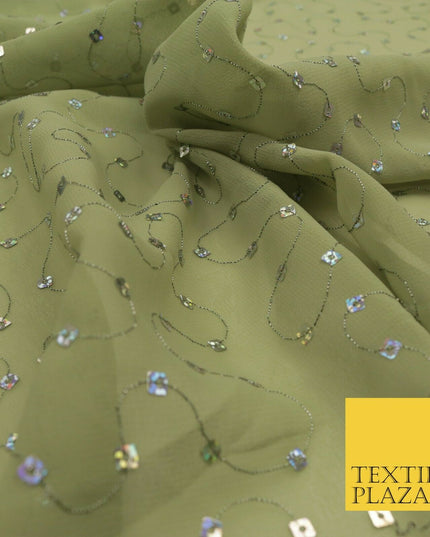 Green Hologram Square Sequin Georgette Dress Fabric Fancy Sparkly Dance 1598