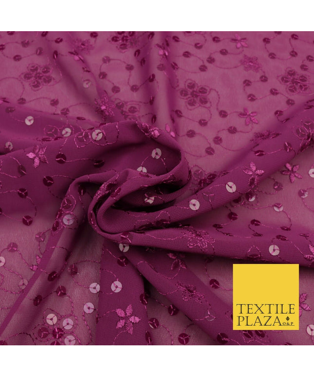 Magenta Pink Floral Sequin Threadwork Georgette Dress Fabric Fancy 1601