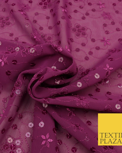 Magenta Pink Floral Sequin Threadwork Georgette Dress Fabric Fancy 1601