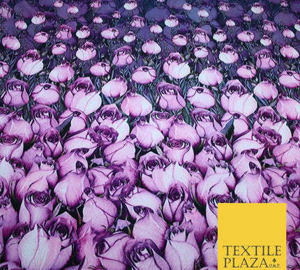 Purple Lilac White Tulip Flower Print Spun Rayon Viscose Dress Fabric Craft 2450