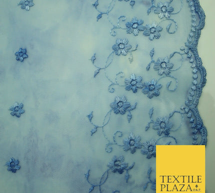 Cloudy Blue Mini Flower Embroidered Scalloped Tie Dye Mesh Net Dress Fabric 2760