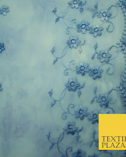 Cloudy Blue Mini Flower Embroidered Scalloped Tie Dye Mesh Net Dress Fabric 2760