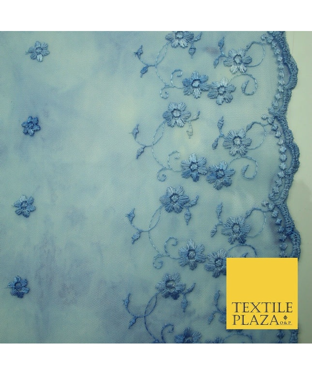 Cloudy Blue Mini Flower Embroidered Scalloped Tie Dye Mesh Net Dress Fabric 2760