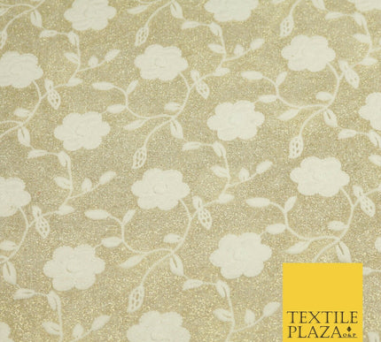 White Embroidered Gold Lurex Shimmer Fabric Backdrop Dance Sparkle 1447