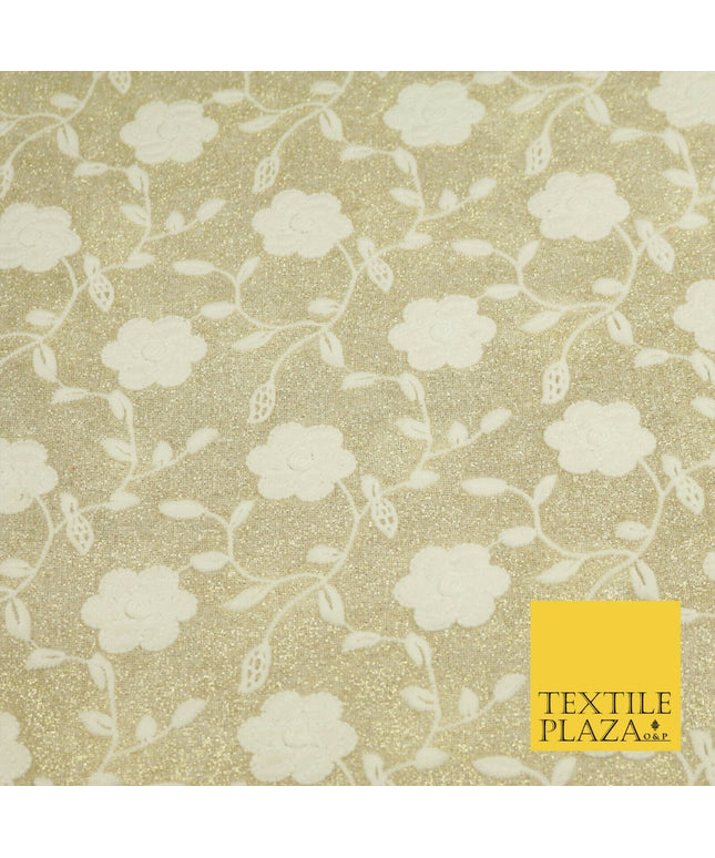 White Embroidered Gold Lurex Shimmer Fabric Backdrop Dance Sparkle 1447